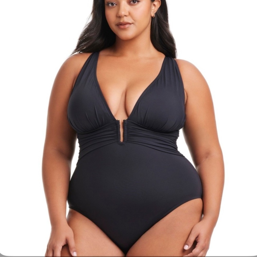 Bleu Rod Beattie Black V-Neck Tummy Control One Piece Swimsuit 16W $98